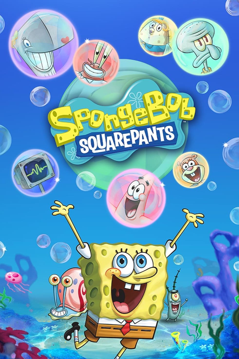 SpongeBob SquarePants jumps joyfully underwater with bubbles showing characters like Patrick, Squidward, Sandy, Mr. Krabs, Plankton, Gary, and Pearl. The show’s colorful logo is in the center—perfect for fans tuning in to IPTV Latvia to catch all the underwater adventures.
