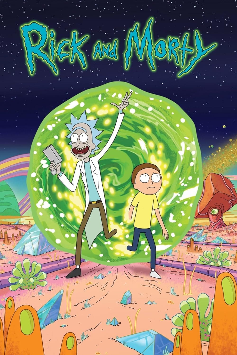 Animated characters Rick and Morty step through a glowing green portal in an alien landscape, with crystals and strange plants surrounding them—a scene you can now catch on IPTV Latvia for fans of interdimensional adventures.
