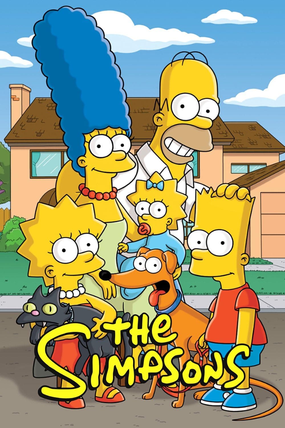 The Simpsons family—Marge, Homer, Maggie, Lisa (holding a cat), and Bart (with a dog)—stand smiling in front of their house. The yellow text The Simpsons is at the bottom, capturing the quirky charm beloved by IPTV Latvia viewers.