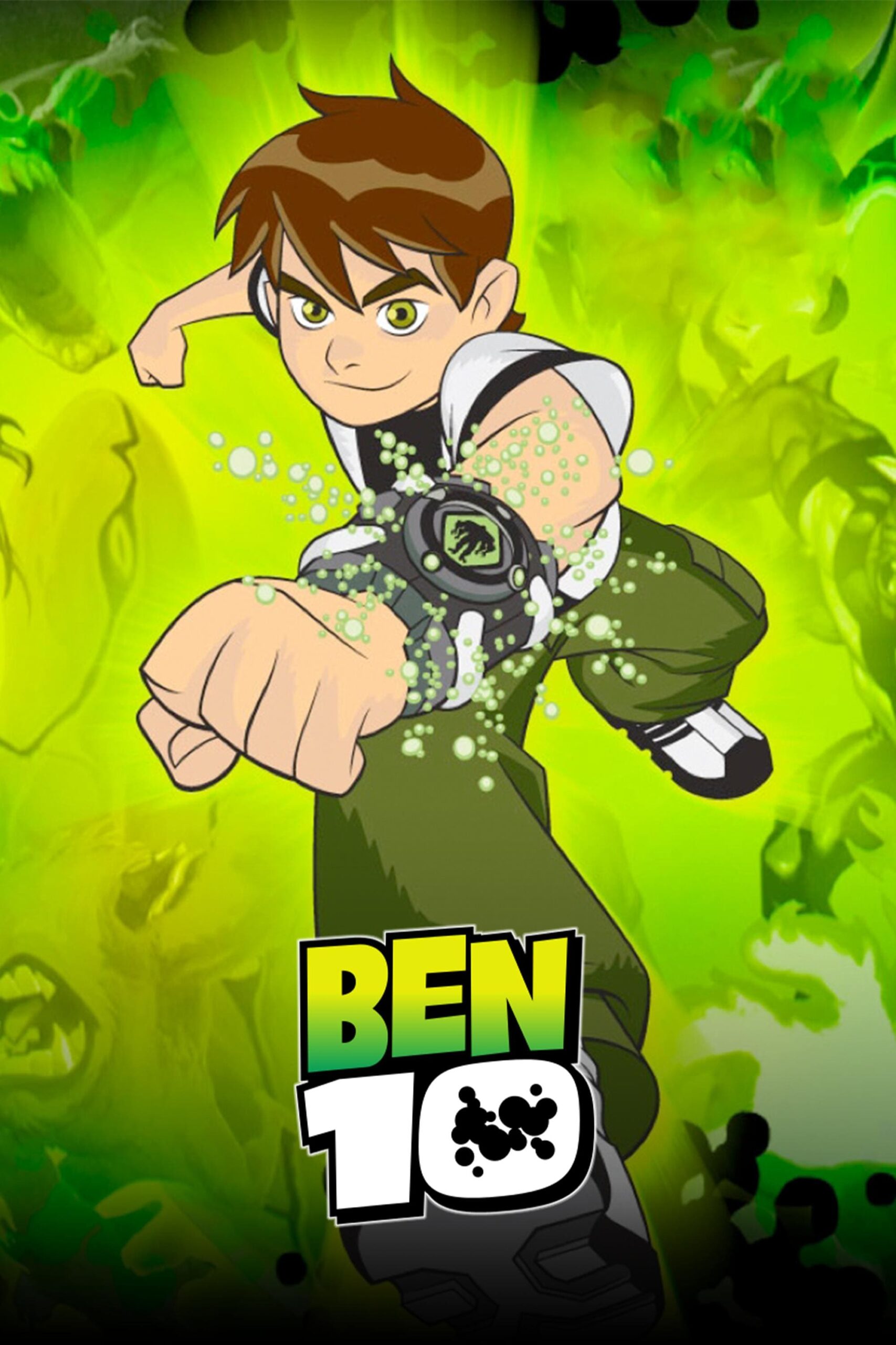 Animated boy with brown hair, wearing a white shirt and green pants, punches forward. He wears a glowing watch. Green energy and creatures surround him, as if leaping from the dynamic world of IPTV Latvia. BEN 10 text appears at the bottom.