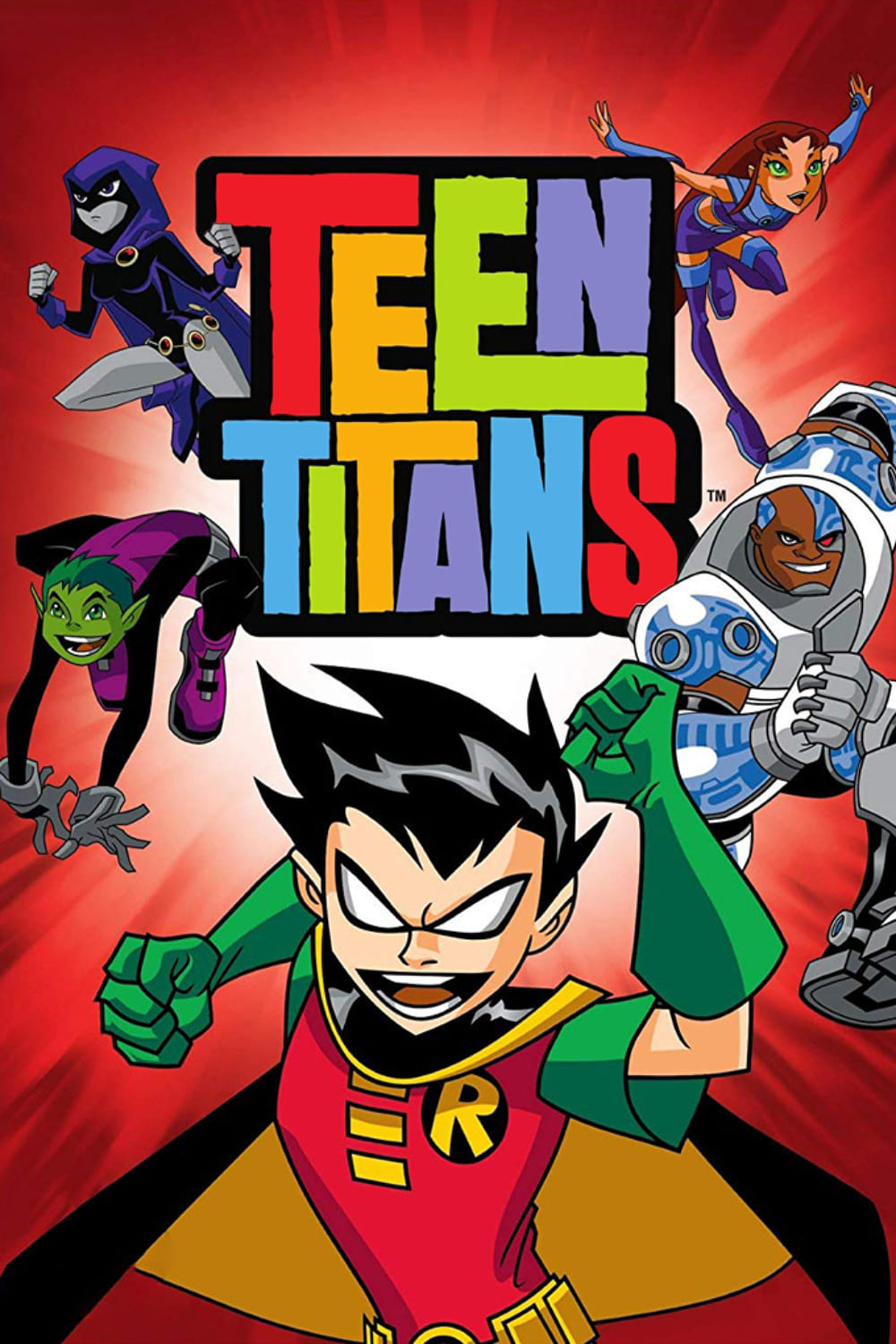 Five animated superheroes pose in front of a colorful Teen Titans logo with a red background, as featured on popular IPTV Latvia channels. Robin is in front, with Starfire, Raven, Cyborg, and Beast Boy surrounding him in dynamic action stances.