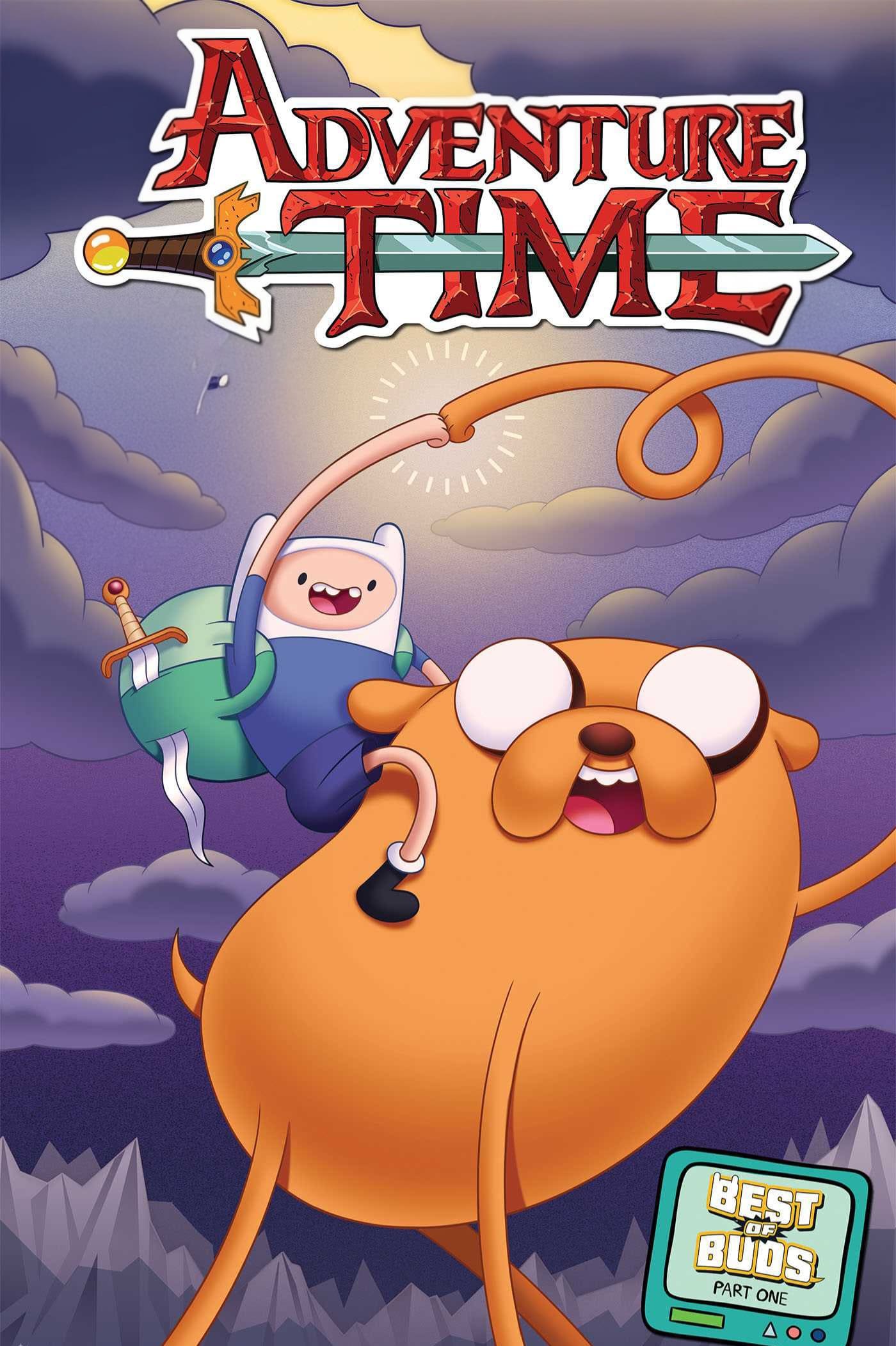 Finn and Jake from Adventure Time smile and pose heroically on a mountain landscape under a cloudy sky, as if embarking on another epic journey that viewers in IPTV Latvia can enjoy. The title Adventure Time and a badge reading Best Buds Part One are also shown.