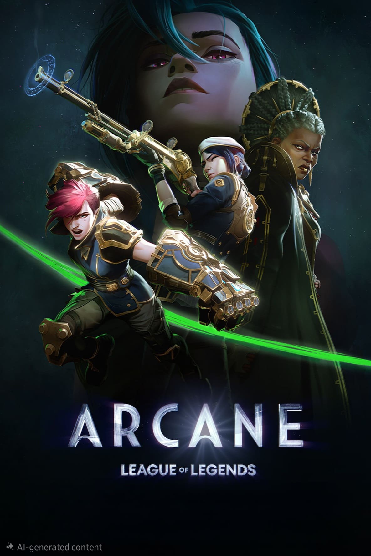 Three stylized characters in battle poses stand before a large, shadowy face. The title Arcane: League of Legends appears at the bottom. With its dynamic, sci-fi action-themed design, this image captures the thrilling energy familiar to fans streaming top shows on IPTV Latvia.