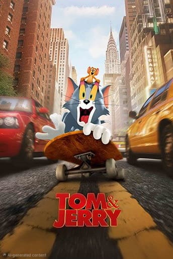 Tom rides a skateboard down a city street looking surprised, with Jerry sitting on his head. Tall buildings, red and yellow cars, and the Tom & Jerry logo are visible in the background—a scene you might catch while watching Tom & Jerry on IPTV Latvia.