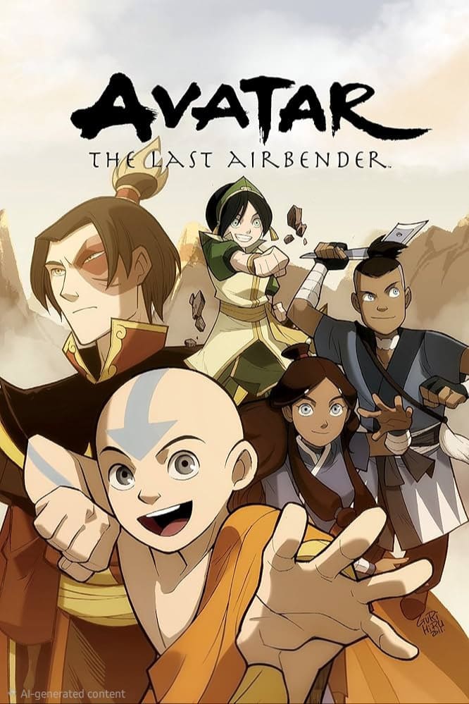 Five animated characters from Avatar: The Last Airbender pose heroically. The bald boy in front smiles and reaches forward, with four friends—two boys and two girls—standing behind him in dynamic action poses, ready for adventure you won’t want to miss on IPTV Latvia.