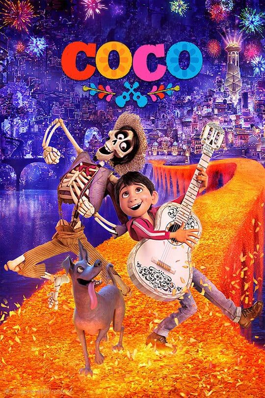 Poster for the movie Coco showing a boy playing a white guitar, a skeleton in a hat dancing, and a cheerful dog, all on a bright path of marigold petals with colorful city lights and fireworks in the background—a vibrant celebration that fans can now enjoy through IPTV Latvia.
