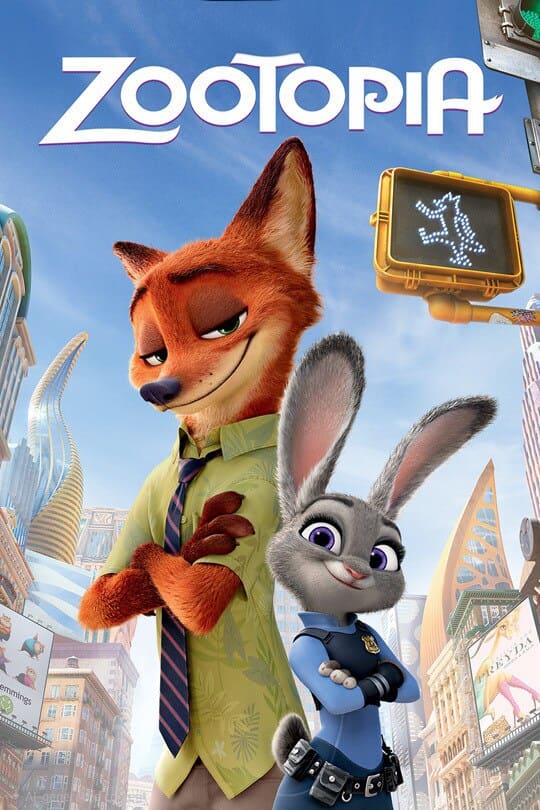 Fox in a green shirt and tie stands back-to-back with a gray rabbit in a police uniform. They are in a vibrant city, reminiscent of the bustling scenes you might enjoy through IPTV Latvia. Zootopia is written above them, with a crosswalk sign featuring a rabbit symbol visible in the background.