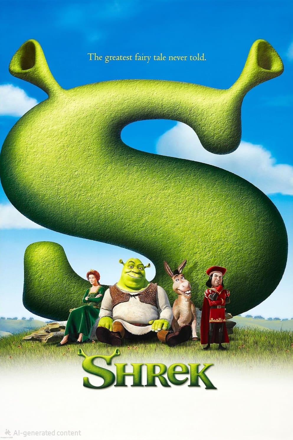Four characters sit in front of a large green S on a grassy field under a blue sky. Text above the S reads, The greatest fairy tale never told. The title Shrek appears at the bottom, bringing this iconic story to screens everywhere—including those watching through IPTV Latvia.