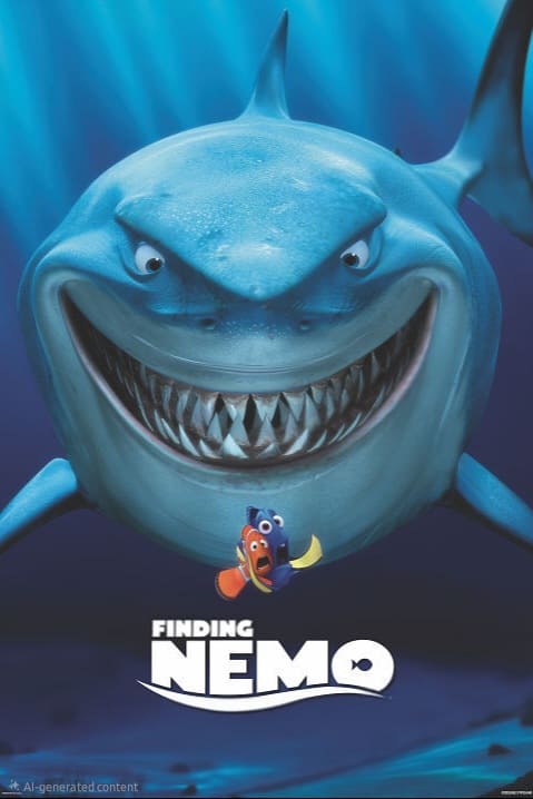 Poster for Finding Nemo shows a large, smiling shark looming behind two small, animated fish—one orange clownfish and one blue tang—swimming together, with the title Finding Nemo below them. Perfect for fans of all ages enjoying animated adventures through services like IPTV Latvia.