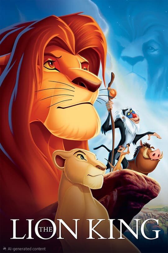 Animated poster for The Lion King showing lions, a baboon, and a warthog gazing heroically, with a lion’s face in the clouds above them. The title appears at the bottom, capturing the epic spirit of this classic now available to stream on IPTV Latvia.