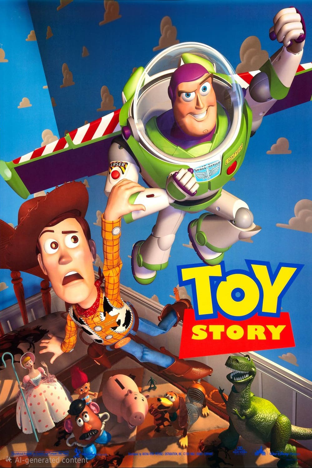 Woody and Buzz Lightyear fly above Andy’s bedroom with other animated toy characters watching below. On the right side, “Toy Story” is written in bold yellow and blue letters—making this scene as unforgettable for IPTV Latvia viewers as it is for fans around the world.