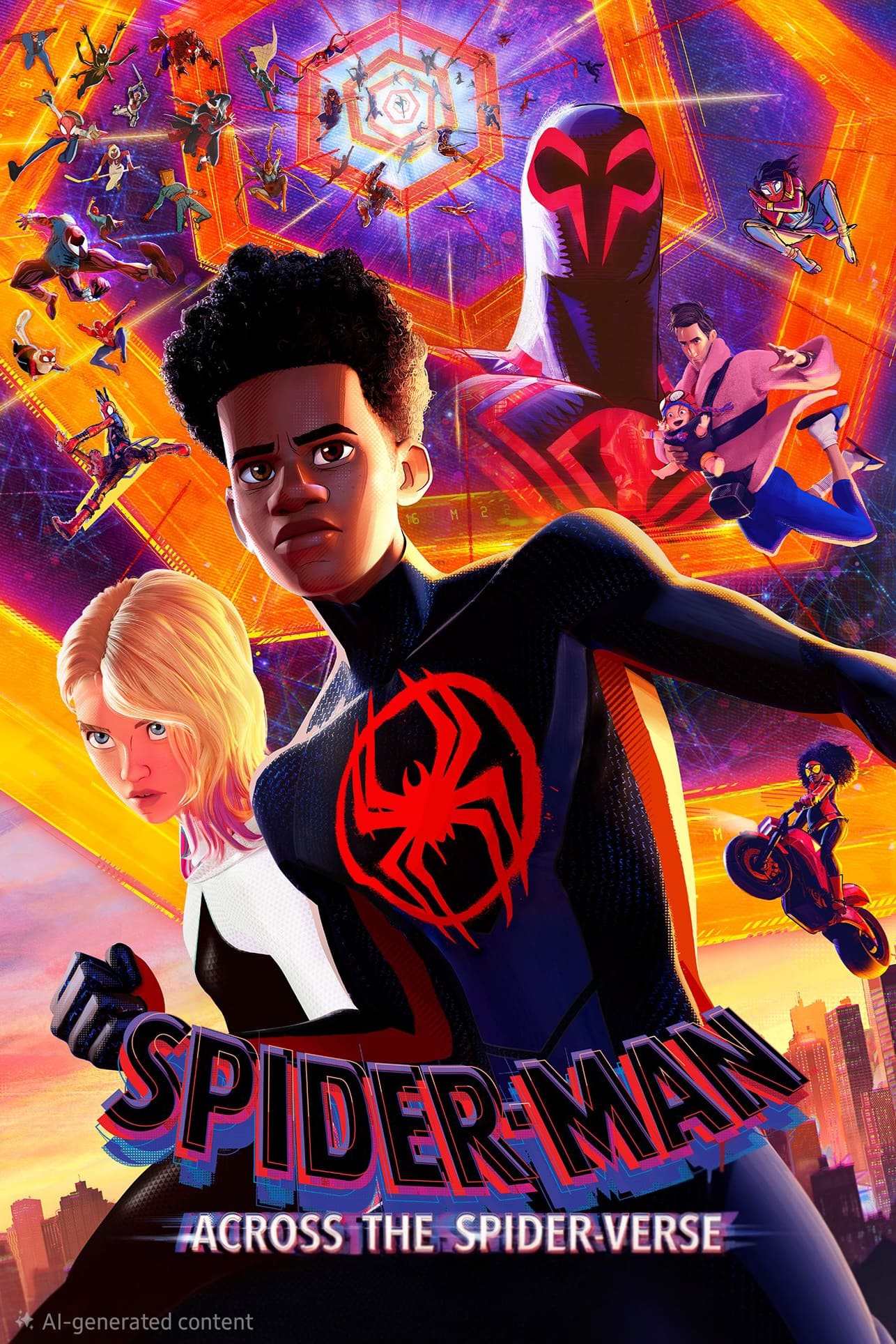 Poster for Spider-Man: Across the Spider-Verse featuring Miles Morales, Gwen Stacy, and multiple Spider-Man characters with vibrant, multiverse backgrounds—perfect for fans streaming the adventure on IPTV Latvia.
