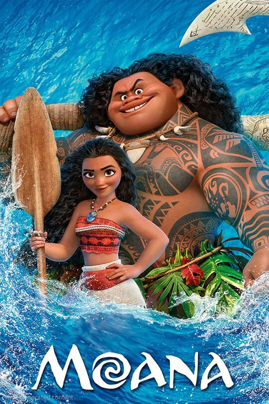 Animated characters Moana, holding an oar, and Maui, with tattoos and a large hook, stand in ocean waves. Tropical leaves and the title Moana are at the bottom, creating a vibrant scene perfect for IPTV Latvia viewers seeking colorful family entertainment.