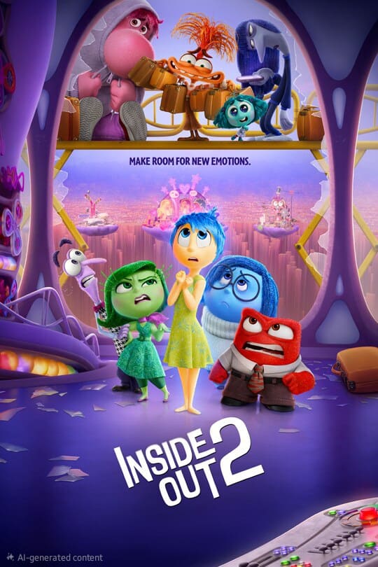Poster for Inside Out 2 featuring animated characters Joy, Disgust, Sadness, Anger, and Fear, with new emotions shown above. Text reads, Make room for new emotions. Bright, colorful control room background brings the world of IPTV Latvia to life with vivid detail.