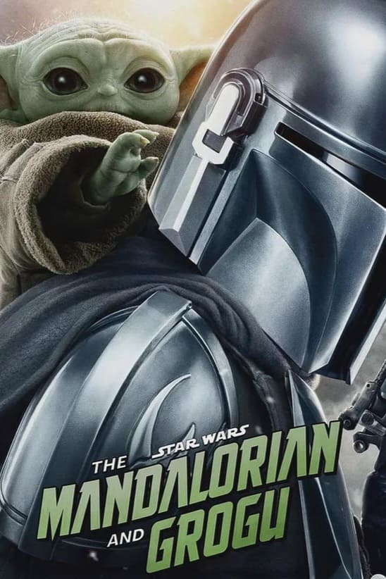 The Mandalorian and Grogu from Star Wars are featured on a poster—perfect for any IPTV Latvia viewer. Grogu peers over the Mandalorian’s shoulder as he wears shiny armor, with the title The Mandalorian and Grogu in bold green letters.