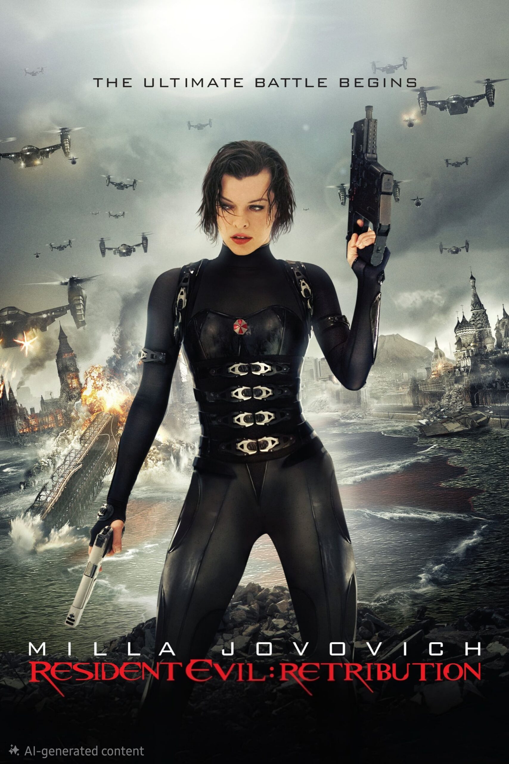 A woman in black combat gear stands armed with a gun against a backdrop of explosions, flying ships, and a destroyed city. Text reads: Resident Evil: Retribution and Milla Jovovich. Experience this action-packed thriller on IPTV Latvia.