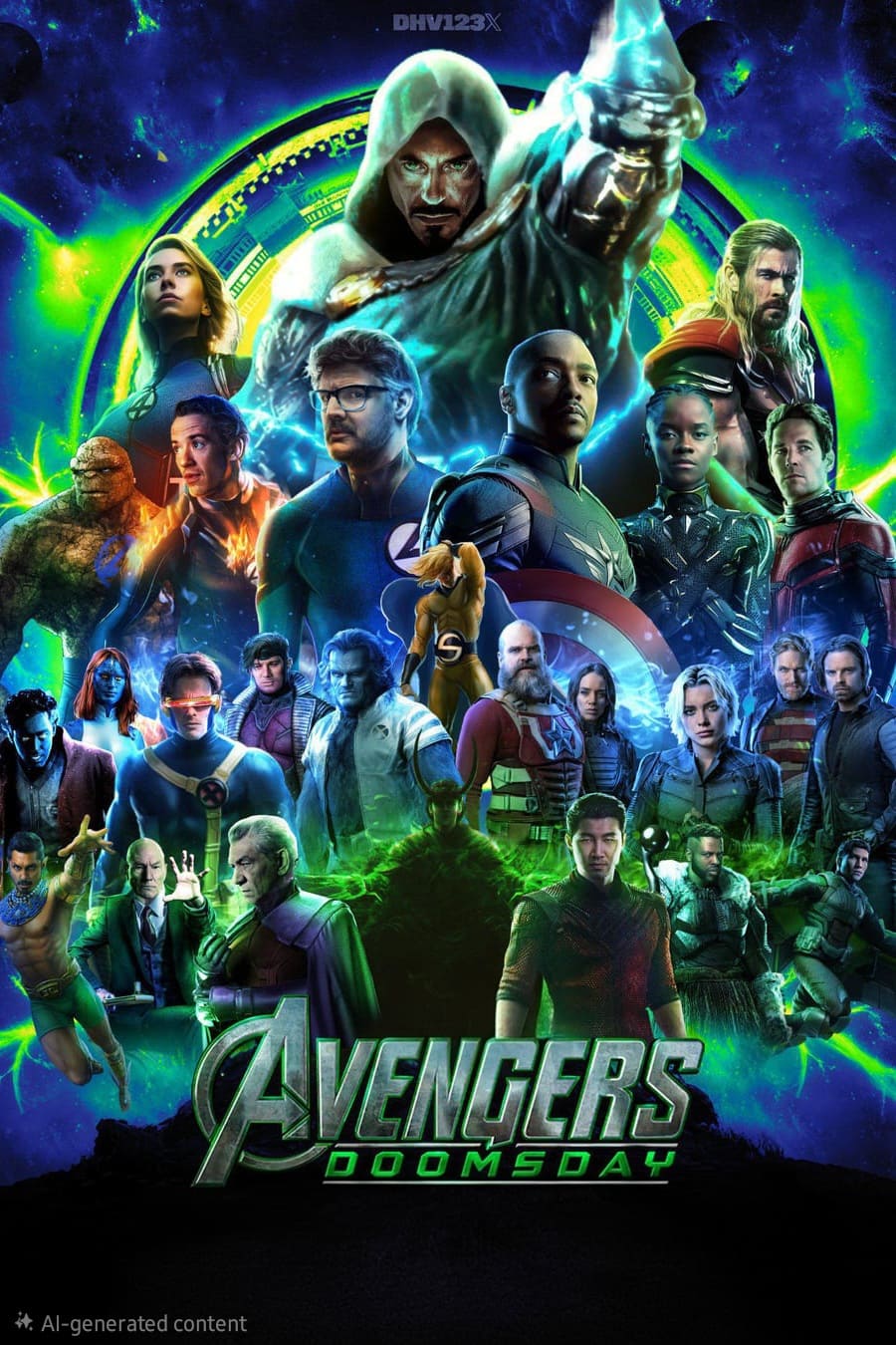A dynamic poster features numerous Marvel superheroes, including Thor, Captain America, and Dr. Doom, against a cosmic background with green energy and the title Avengers Doomsday at the bottom—making it an unmissable sight for IPTV Latvia fans seeking epic action and adventure.