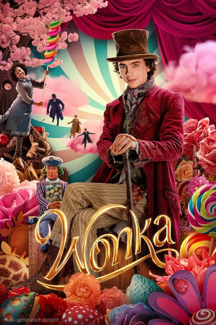 A young man in a purple coat and top hat stands among oversized candies and sweets, with whimsical characters and vibrant, colorful backgrounds reminiscent of an IPTV Latvia fantasy world, and the word Wonka written in gold across the bottom.