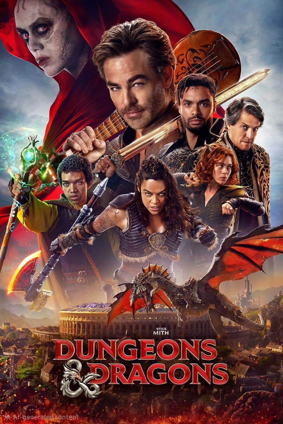 Movie poster for Dungeons & Dragons: Honor Among Thieves featuring a group of armed characters, a red-robed figure, and a dragon flying over a fantasy city, with the film title at the bottom—a must-see adventure now available on IPTV Latvia.