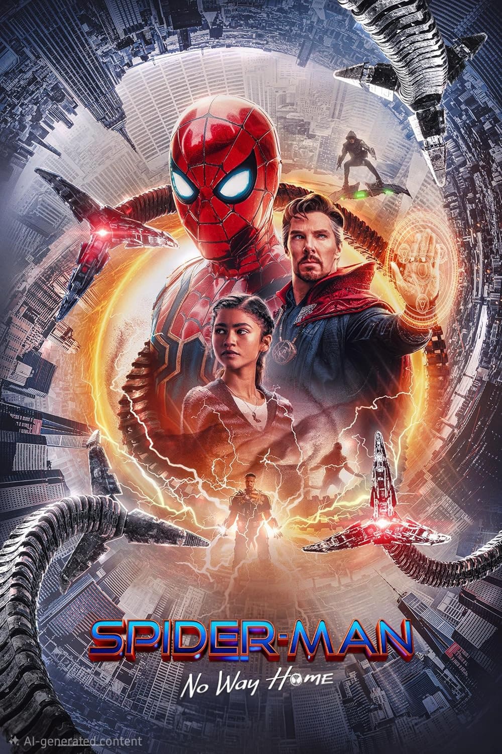Spider-Man in his suit stands with Doctor Strange and a woman amid swirling cityscapes, magic effects, and robotic tentacles. The movie title Spider-Man: No Way Home appears at the bottom, creating an iconic moment perfect for fans tuning in on IPTV Latvia.