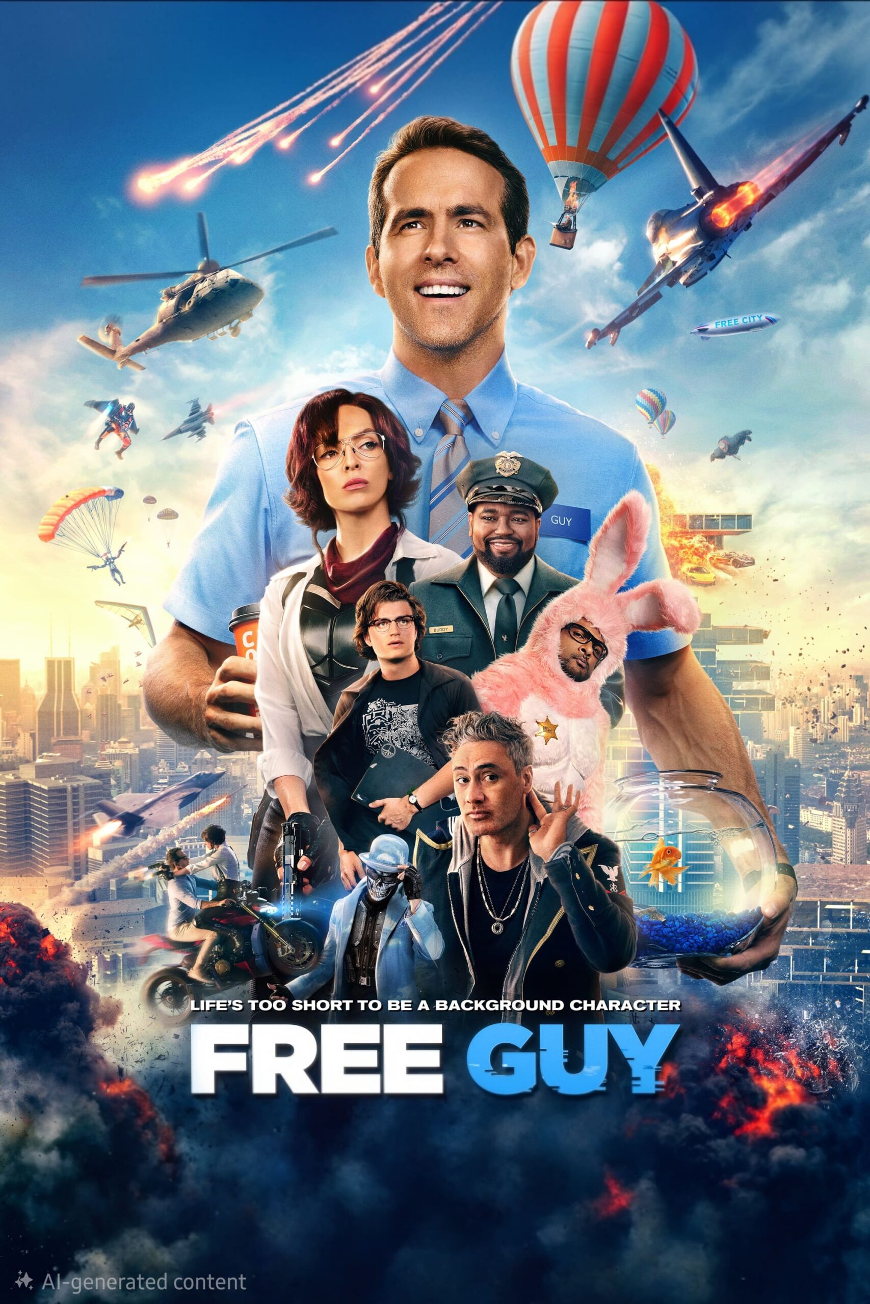 A smiling man in a blue shirt stands above action scenes with explosions, flying cars, hot air balloons, and several characters—bringing the thrilling world of IPTV Latvia to life. Text at the bottom reads FREE GUY with the tagline, LIFE’S TOO SHORT TO BE A BACKGROUND CHARACTER.