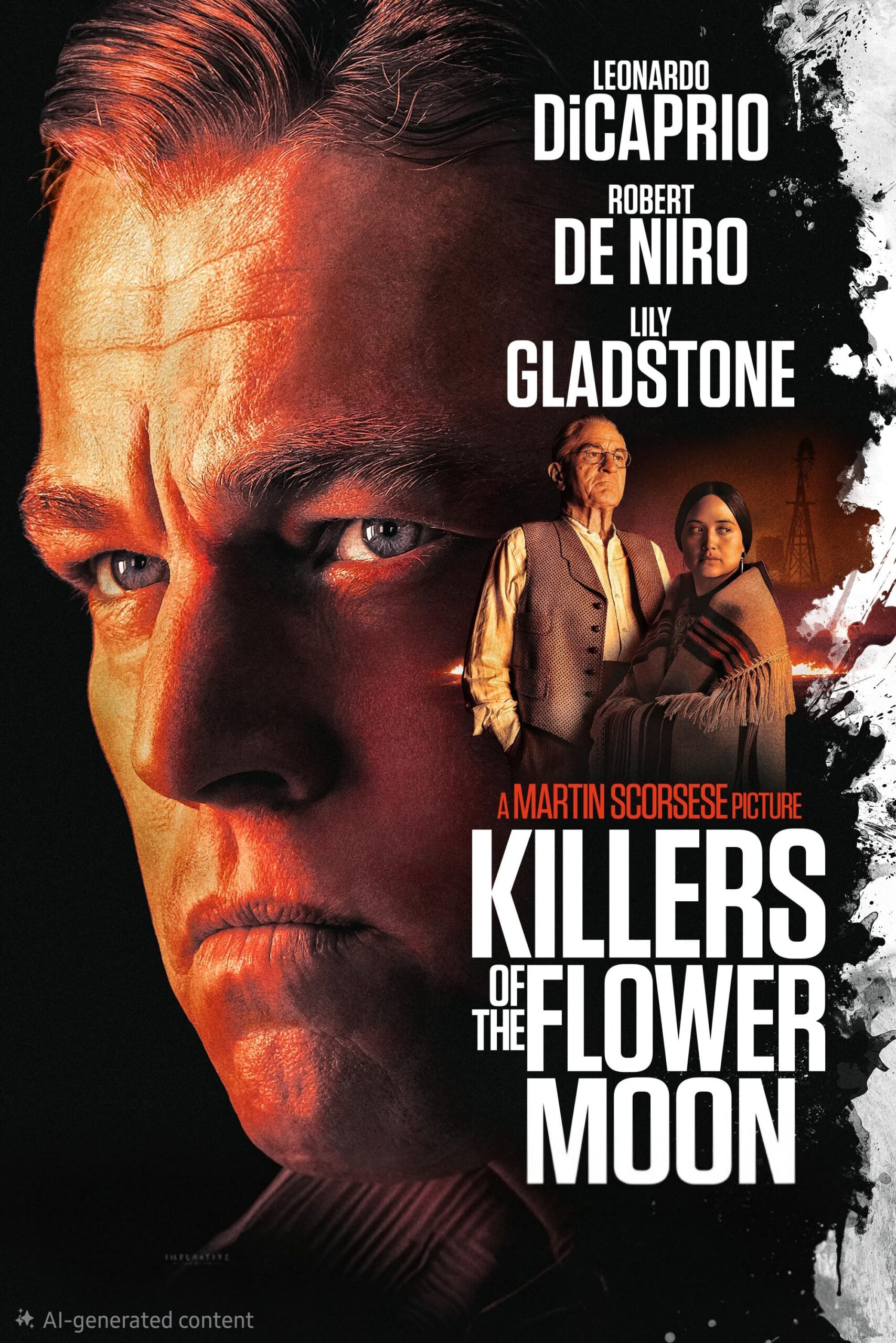 Movie poster for Killers of the Flower Moon showing a close-up of a man’s face, and two people—one in Western attire, one in a blanket—standing together, with text listing actors and the film title. Perfect for fans exploring IPTV Latvia and seeking cinematic masterpieces.
