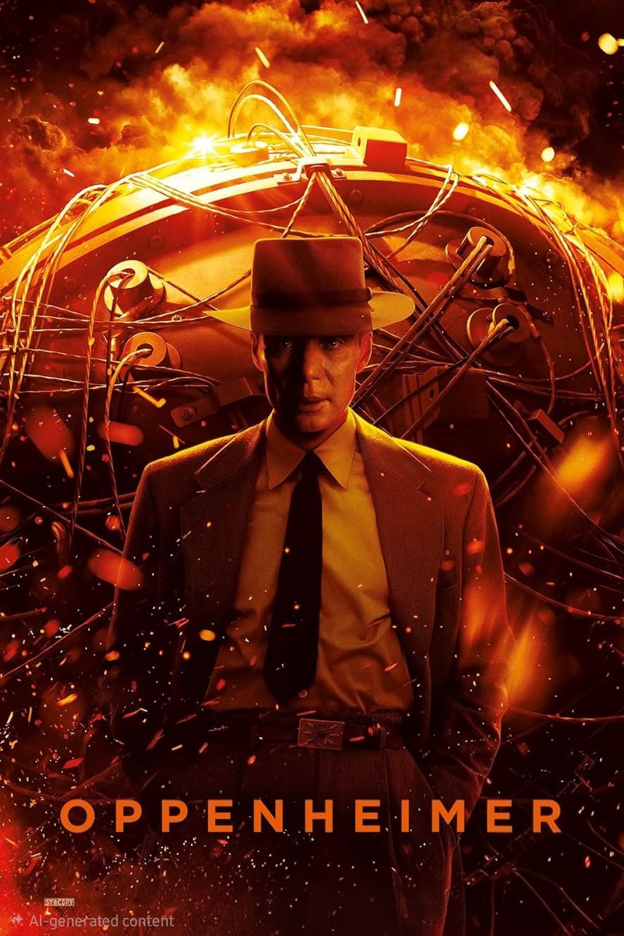 A man in a suit and hat stands in front of a fiery explosion with tangled wires, the word OPPENHEIMER below him, suggesting a dramatic and intense movie poster—perfect for viewers searching for cinematic thrills on IPTV Latvia.