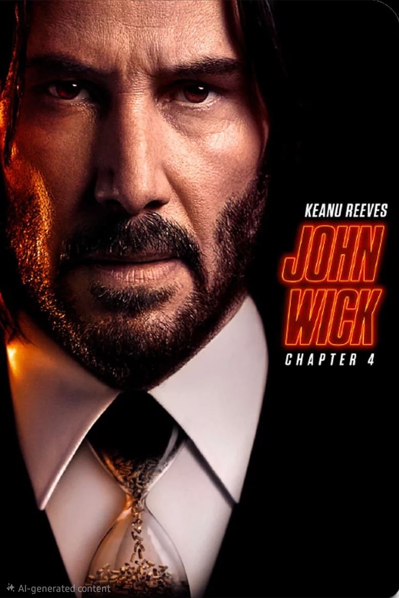 Close-up of a bearded man in a suit and tie with long hair. Text on the image reads: Keanu Reeves John Wick Chapter 4 in bold red and orange letters, highlighting its availability on IPTV Latvia.