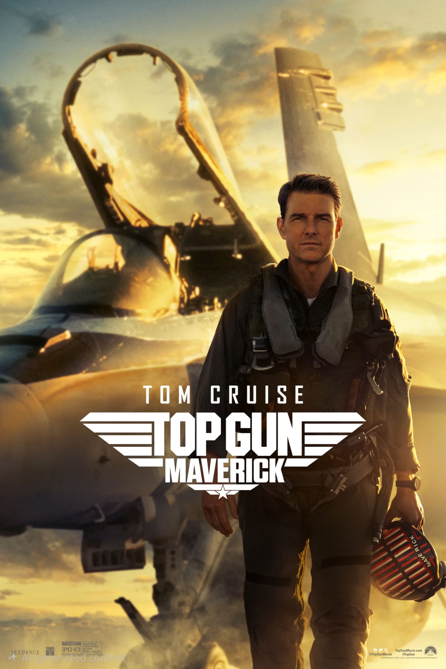 A pilot in flight gear stands in front of a fighter jet at sunset, holding a helmet. The text reads Tom Cruise Top Gun Maverick, streaming on IPTV Latvia.