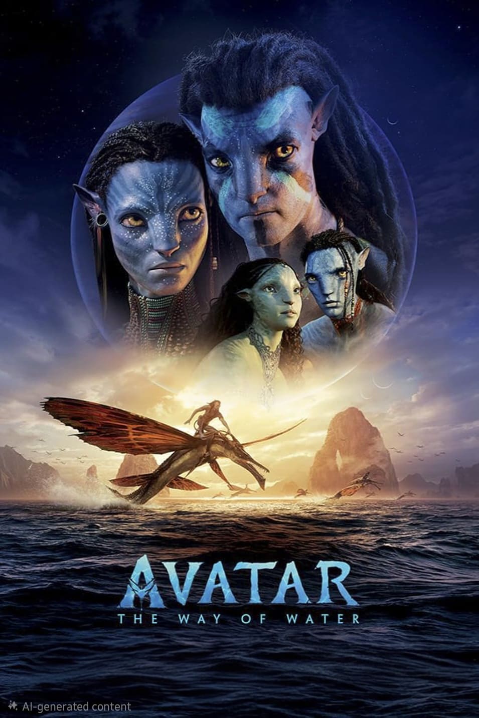 Movie poster for Avatar: The Way of Water featuring four blue-skinned characters above a figure riding a flying creature over the ocean at sunset, with the film title at the bottom—a stunning visual you can experience from home with IPTV Latvia.