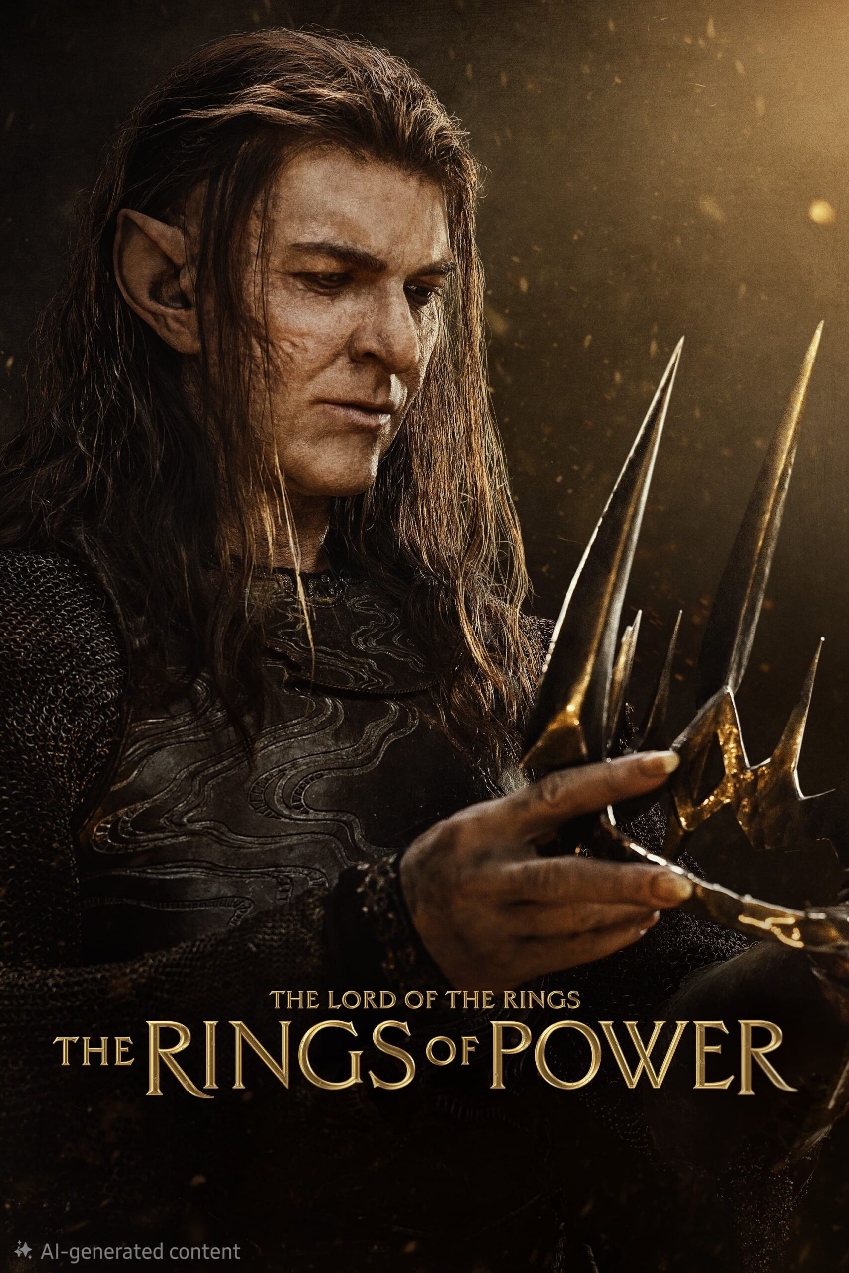 A fantasy character with pointed ears and long hair examines gold rings with sharp spikes. The text reads The Lord of the Rings: The Rings of Power, evoking a sense of epic adventure. Against a dark and dramatic background, the scene captures the intrigue found in IPTV Latvia’s immersive streaming experience.