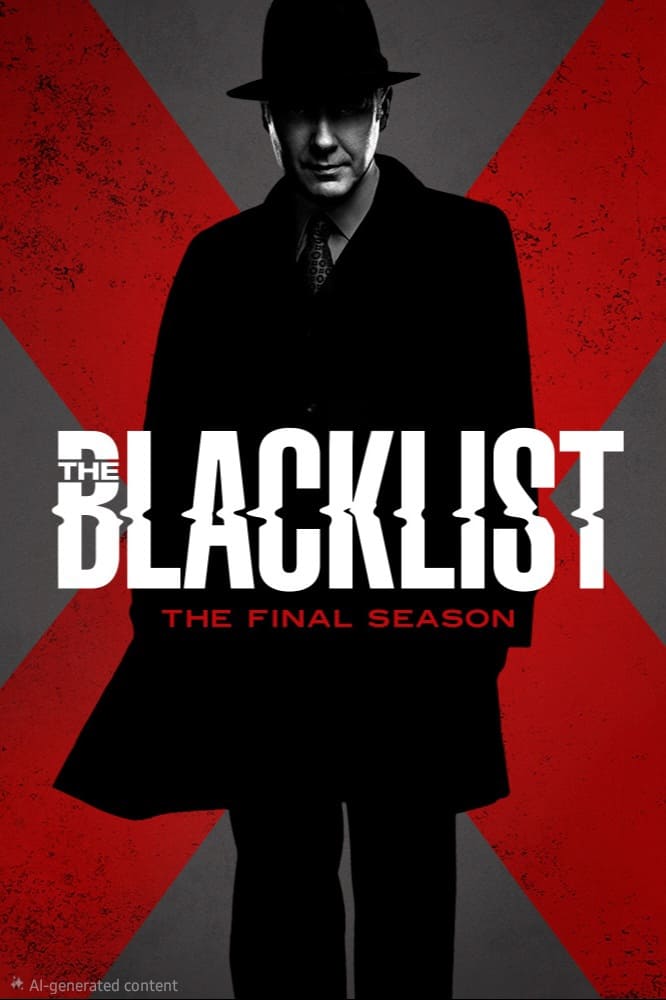A shadowed man in a black coat and hat stands before a red X. The words The Blacklist: The Final Season are overlaid in bold white and red text, highlighting the suspense for fans watching through IPTV Latvia.