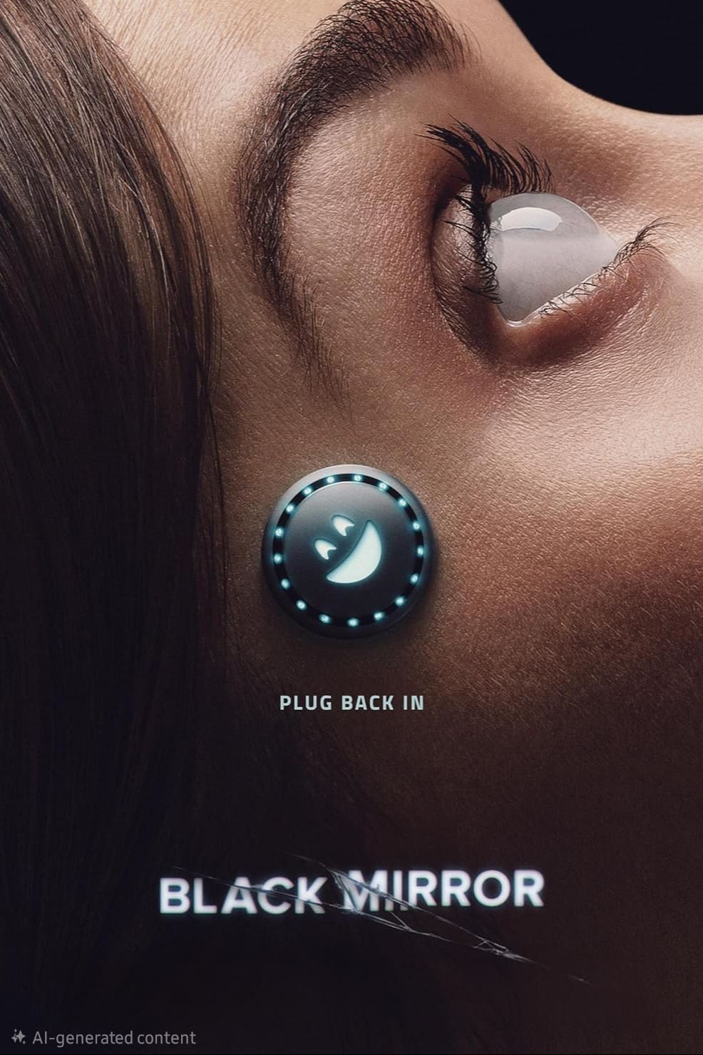 Close-up of a person’s face with a glowing, smiley-face implant in their temple. The words PLUG BACK IN and BLACK MIRROR appear below, evoking the immersive, high-tech atmosphere of IPTV Latvia. The image has a futuristic, sci-fi feel.