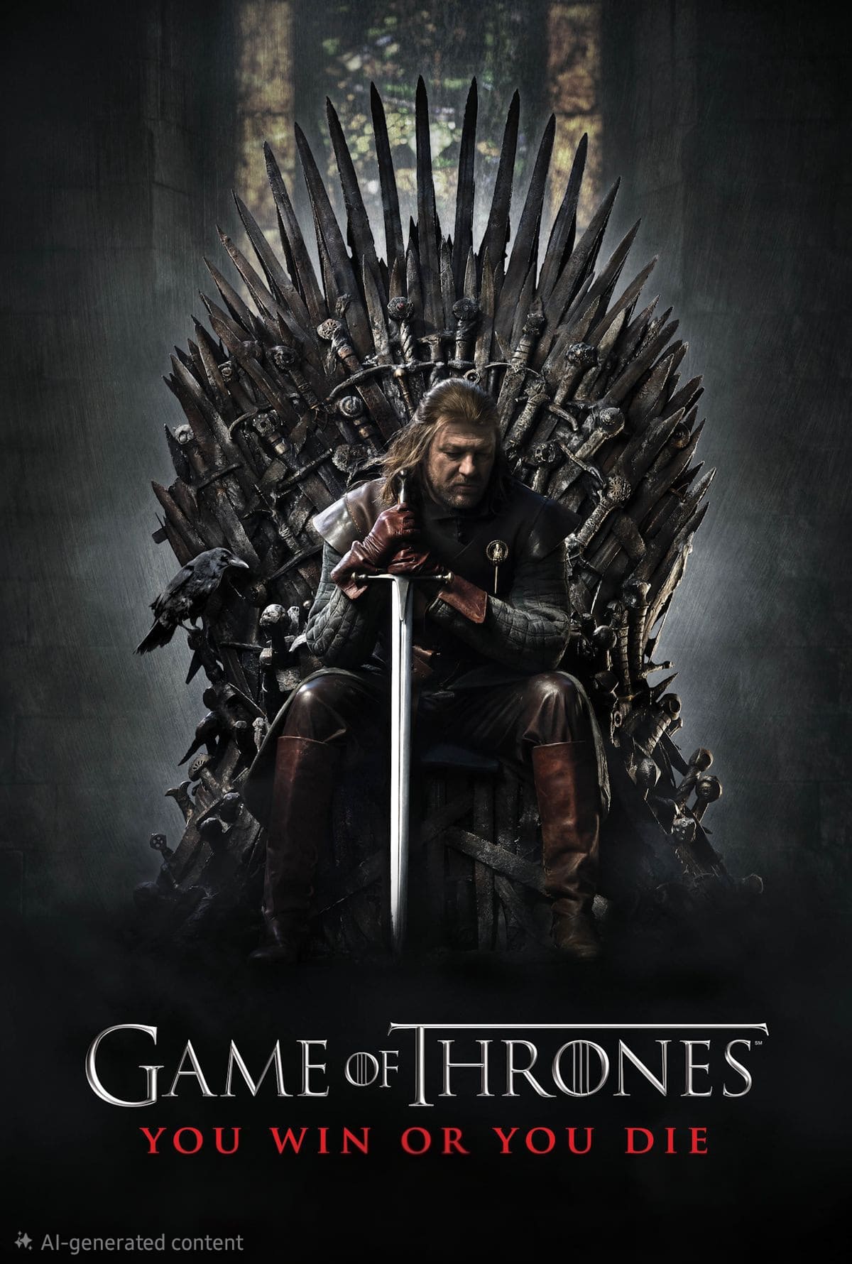 A man sits on a throne made of swords, holding a large sword. The background is dark and dramatic, evoking the intense atmosphere of Game of Thrones: You win or you die. Experience every epic moment with IPTV Latvia, bringing the saga directly to your screen.