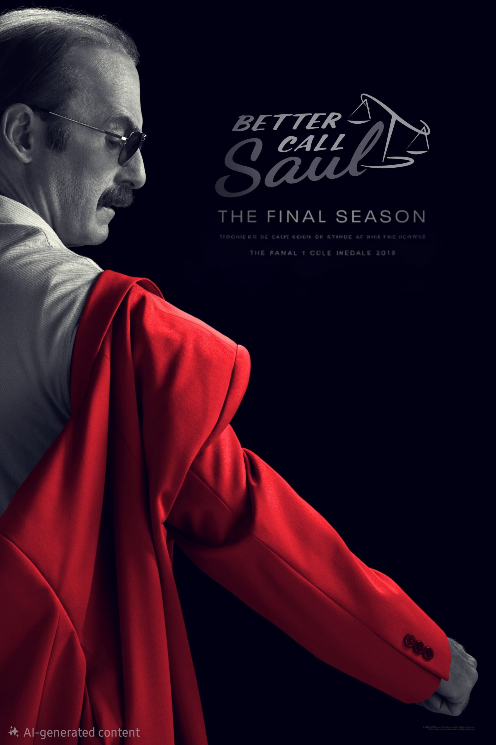A man in glasses and a red suit turns away, adjusting his sleeve. Text reads Better Call Saul: The Final Season. The background is dark, and the overall image is dramatic and stylish—perfect for viewers streaming on IPTV Latvia.