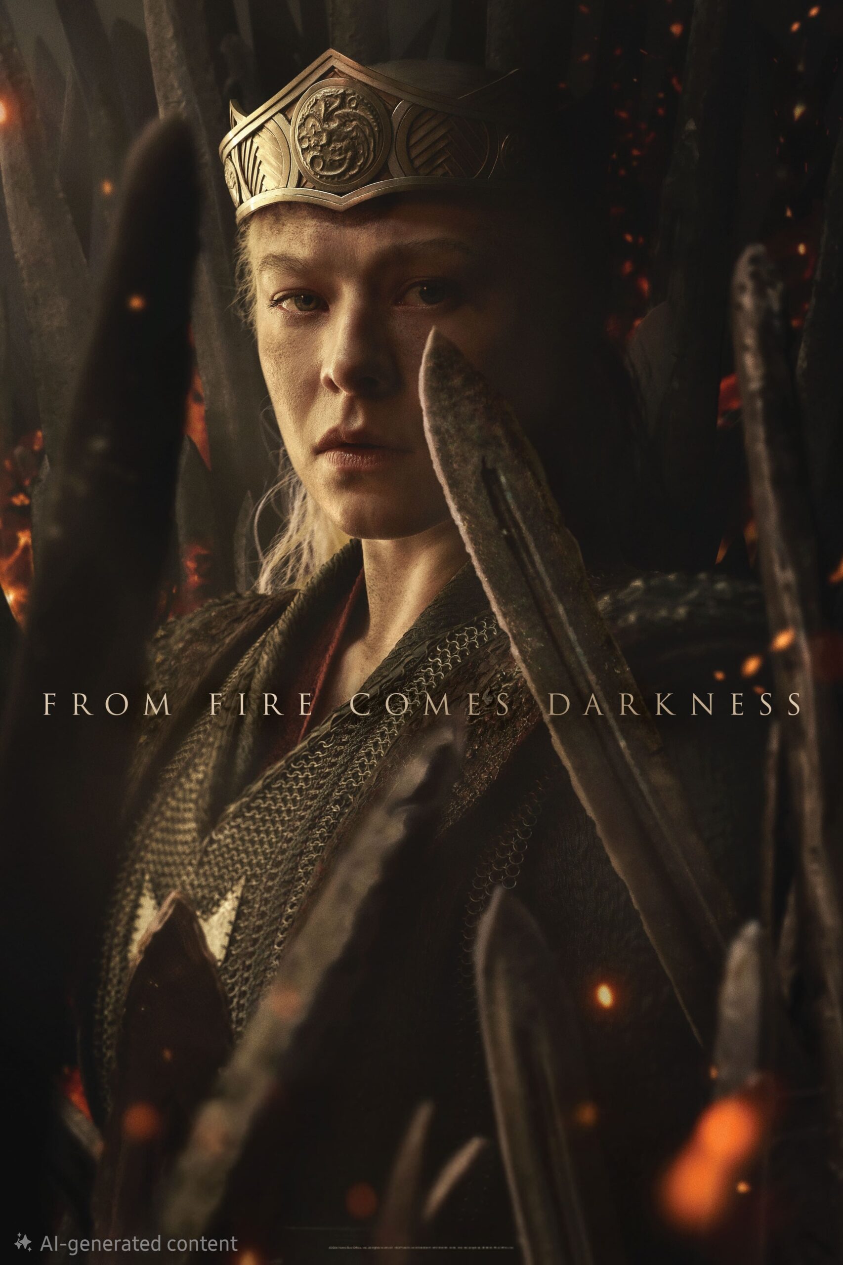 A stern woman in a crown sits on a dark, spiked throne, surrounded by embers. Shadows flicker as if broadcast from another realm—IPTV Latvia at the edge of night. Text overlay reads: FROM FIRE COMES DARKNESS. The mood is intense and dramatic.