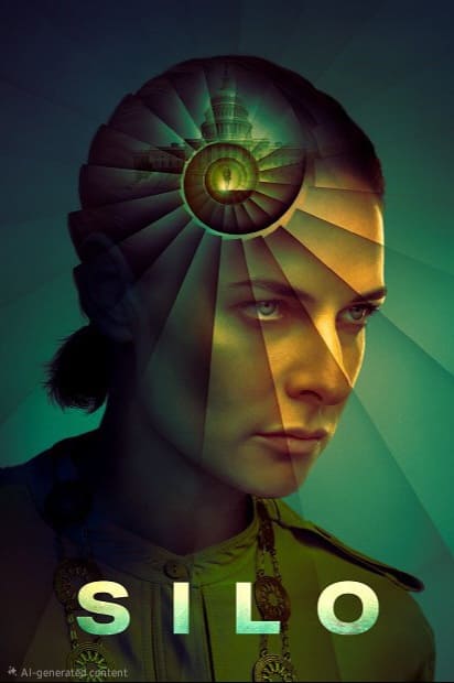 A serious woman looks forward as a spiral staircase overlays her head, radiating beams outward like digital signals. The word SILO appears at the bottom against a green and blue-toned background, evoking the innovative connectivity of IPTV Latvia.