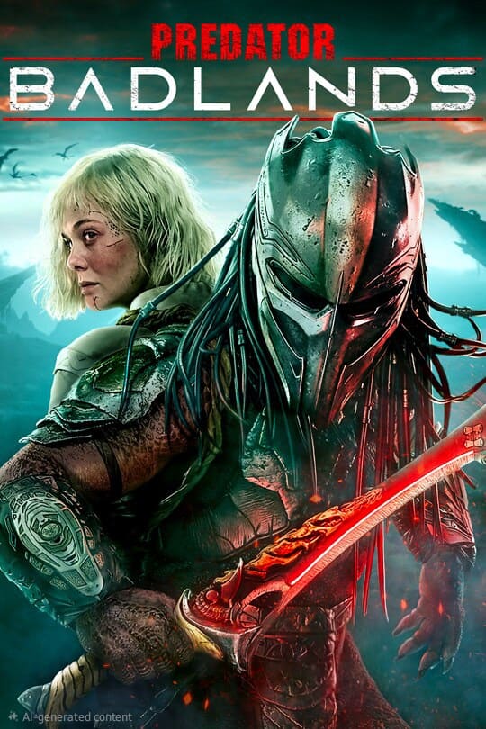 A woman with short blonde hair stands back-to-back with an armored alien holding a glowing red blade. The word PREDATOR in red and BADLANDS in white appear above them, set against a dramatic mountainous background reminiscent of an epic IPTV Latvia broadcast.