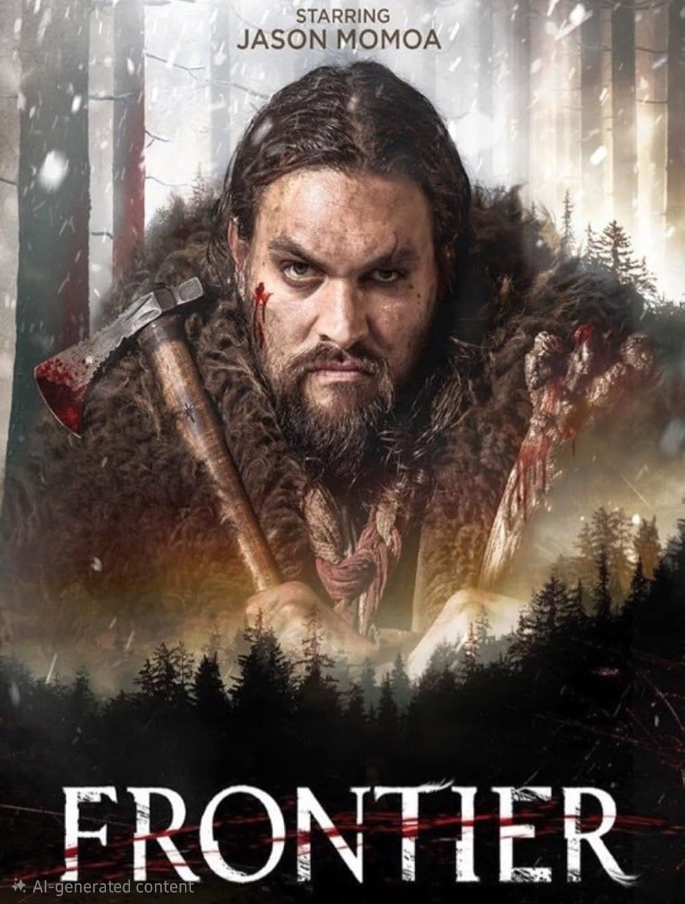 A man with long hair and a beard, wearing fur, holds a bloody axe in a snowy forest. The word FRONTIER and the name Jason Momoa appear on the poster—a gripping scene you won’t want to miss streaming on IPTV Latvia.