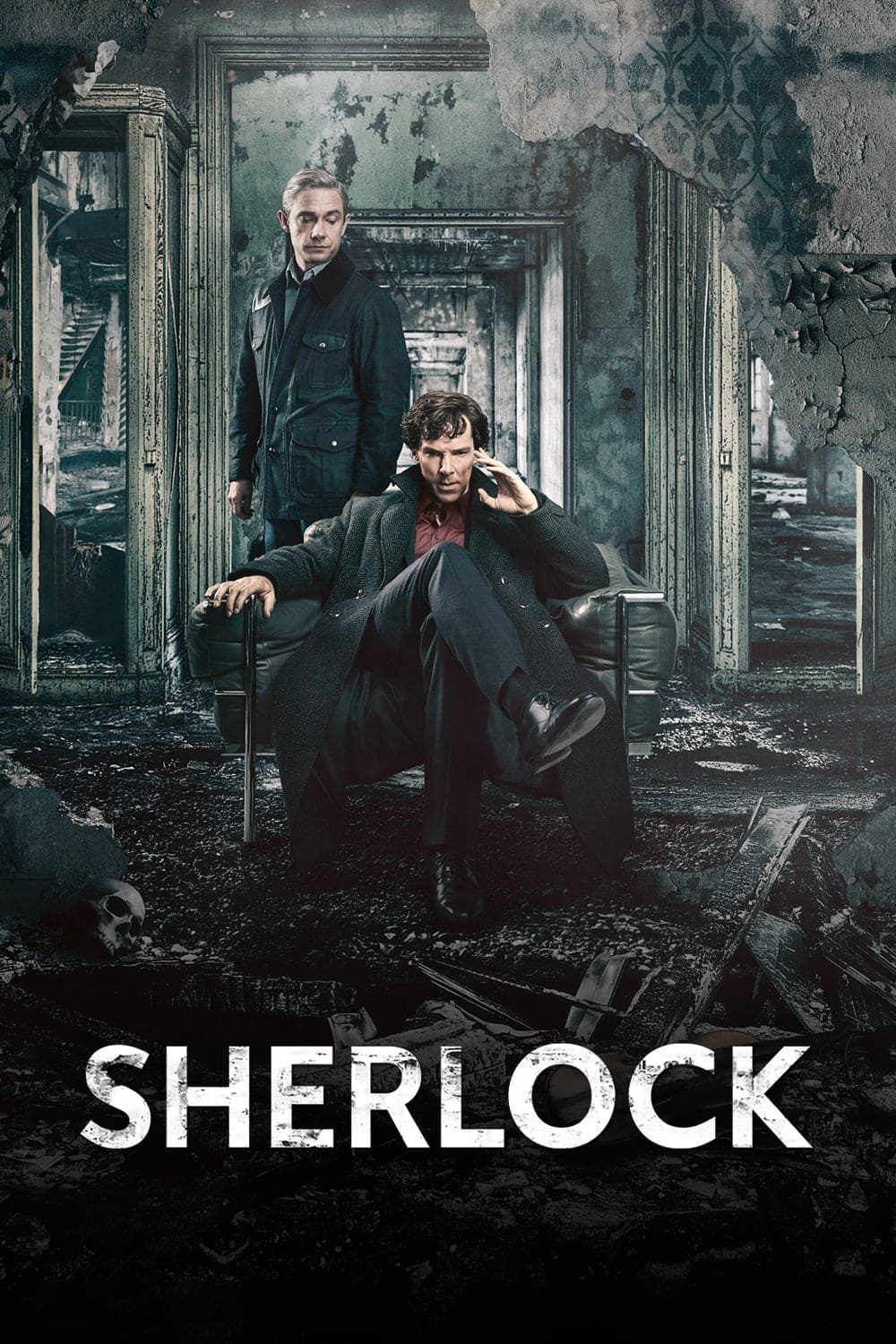 Two men, one seated and one standing, pose in a ruined, dark room with peeling wallpaper. The seated man holds his head thoughtfully, as if contemplating a mystery as intricate as unravelling IPTV Latvia. The word SHERLOCK is written in large white letters at the bottom.