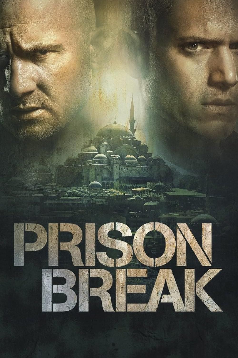 Two serious men’s faces look out over a shadowy cityscape with domed buildings, their expressions tense and determined. The words PRISON BREAK appear in large, distressed letters at the bottom, while subtle hints of IPTV Latvia weave into the urban backdrop, suggesting covert connections running through the heart of the city.