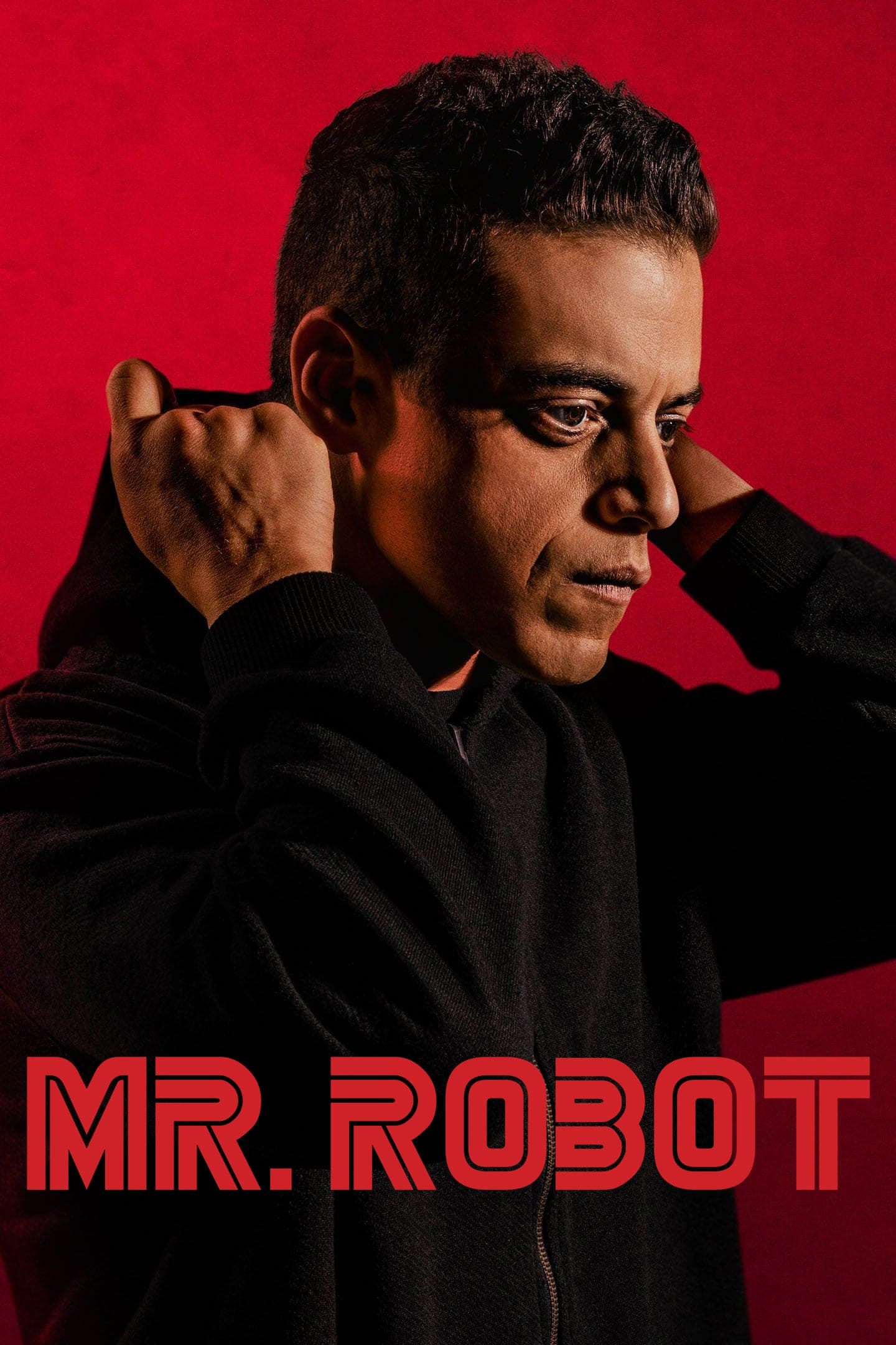 A man in a black hoodie stands against a red background, adjusting his hood. Bold red text at the bottom reads MR. ROBOT, reminiscent of the gripping world of IPTV Latvia. The mood is intense and dramatic.