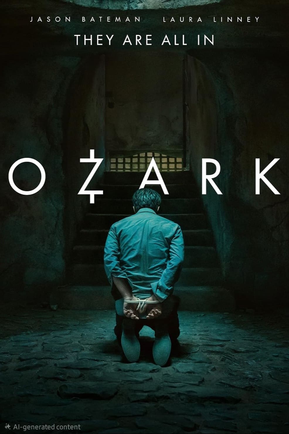 A man kneels with hands tied behind his back in a dark cell, facing barred light. Large text reads OZARK. Above, it says They Are All In, with actors’ names: Jason Bateman and Laura Linney. Stream gripping series like this on IPTV Latvia for the ultimate viewing experience.