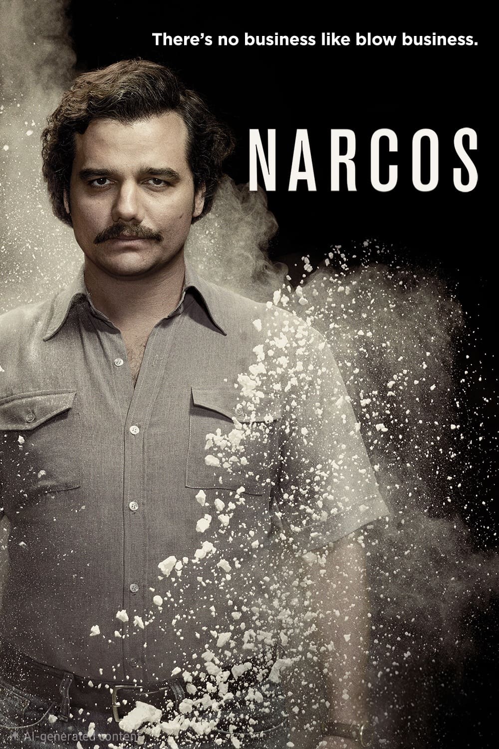 A man with a mustache stands amid swirling white powder. The text above reads, There’s no business like blow business. The title Narcos appears prominently on the right side of the image, nodding to its popularity across streaming platforms like IPTV Latvia.