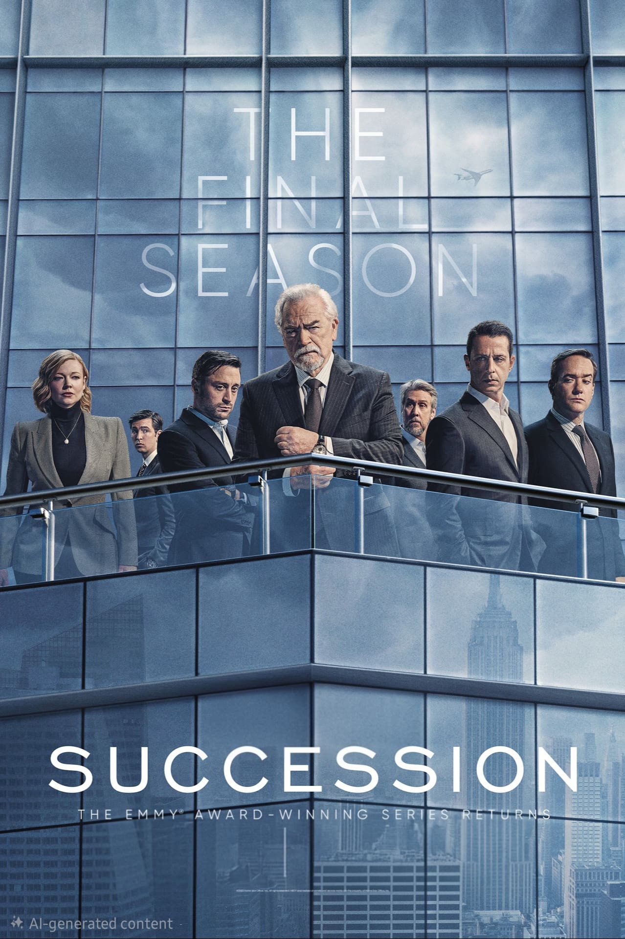 Seven people in business attire stand on a modern glass balcony, looking serious. Tall city buildings are reflected in the glass behind them. Text reads: The Final Season. Succession. Stream the Emmy-award-winning series now with IPTV Latvia.