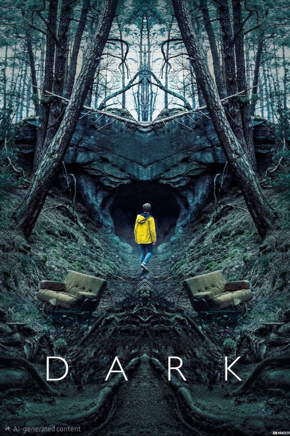 A person in a yellow raincoat stands at the entrance of a dark cave in a forest. Old armchairs sit nearby. The scene is mirrored, creating a symmetrical, mysterious atmosphere reminiscent of an IPTV Latvia thriller. The word DARK is at the bottom.