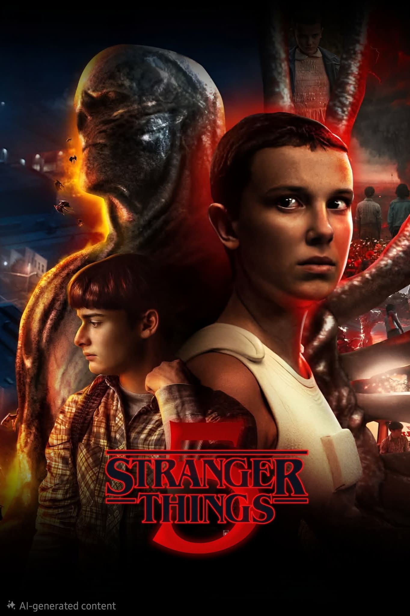 Poster for Stranger Things. A girl with short hair stands in front of a monster with glowing veins. A boy with a backpack looks to the side. Dark, ominous backgrounds and red lighting create a dramatic, suspenseful mood—perfect for fans streaming thrillers on IPTV Latvia.