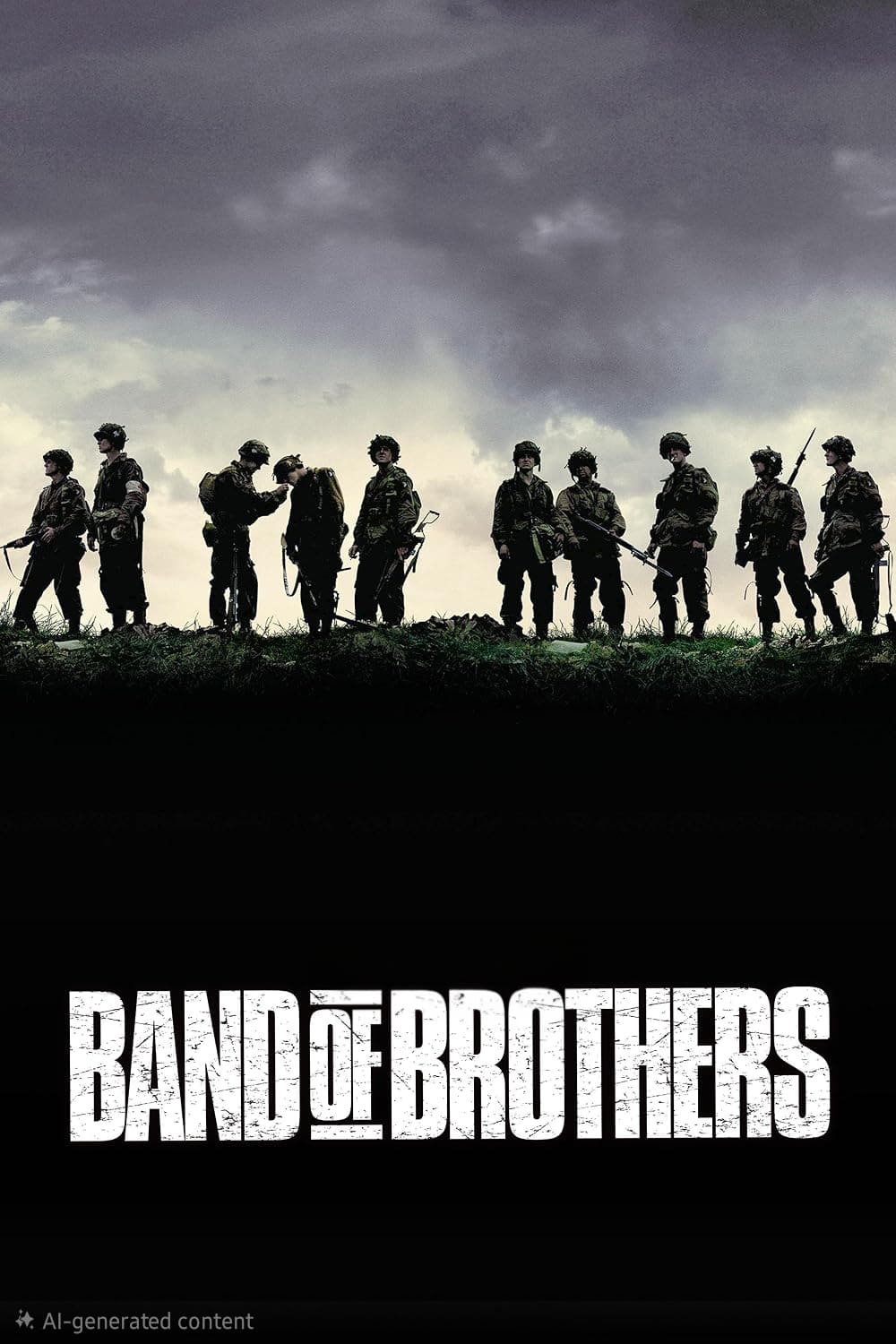 Ten soldiers in silhouette stand on a grassy hill under a cloudy sky. Below them, bold white text reads Band of Brothers on a black background—an iconic scene you can now stream with IPTV Latvia for an immersive viewing experience.