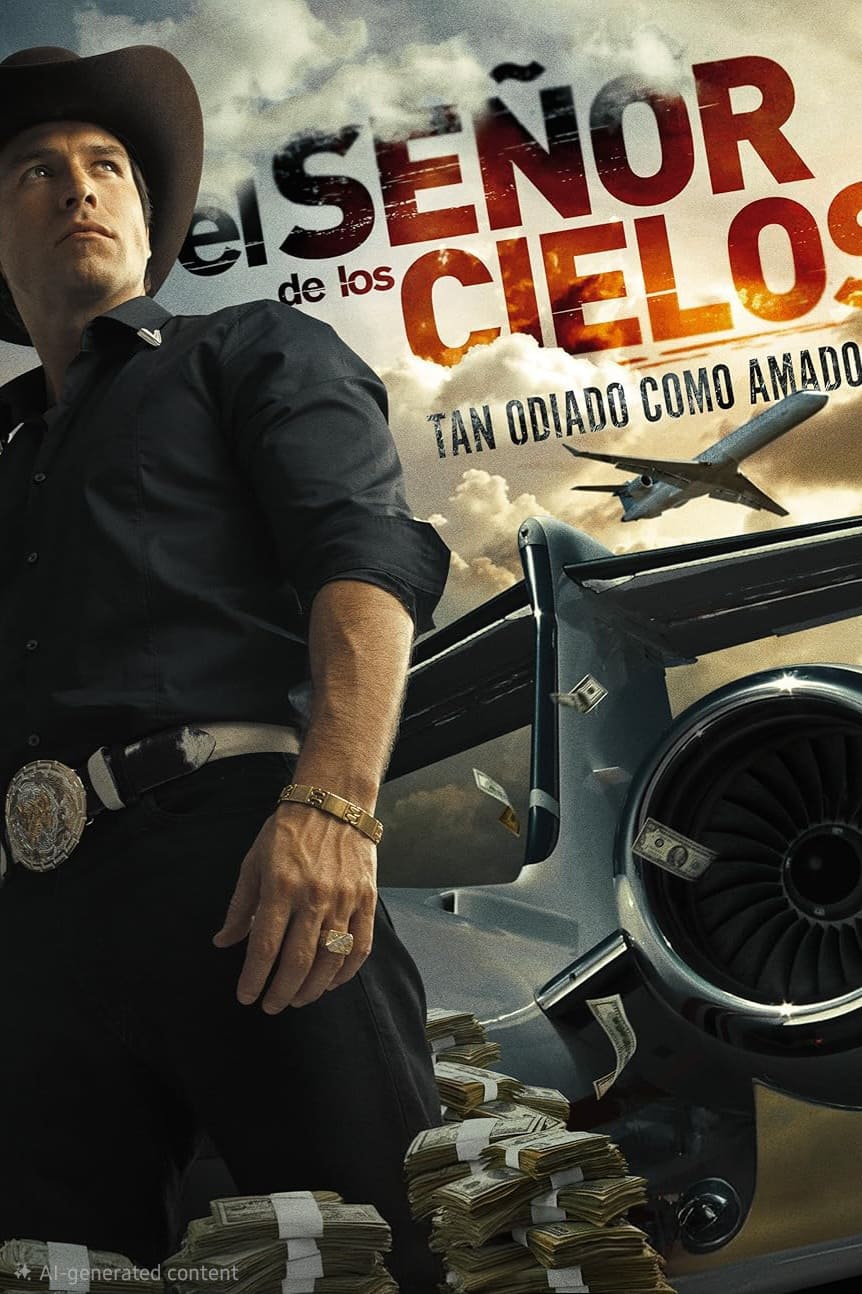 A man in a cowboy hat and badge stands by a jet engine, with stacks of money and a flying plane nearby. The dramatic sky sets the scene, while large Spanish text reads El Señor de los Cielos—hinting at stories as thrilling as those found on IPTV Latvia.