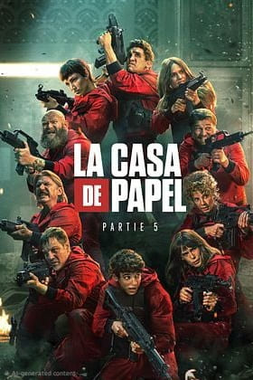 Poster for La Casa de Papel Part 5 showing a group of people in red jumpsuits and masks, holding guns, standing together with intense expressions. The series title is boldly displayed in the center, making it a striking choice for any IPTV Latvia streaming collection.
